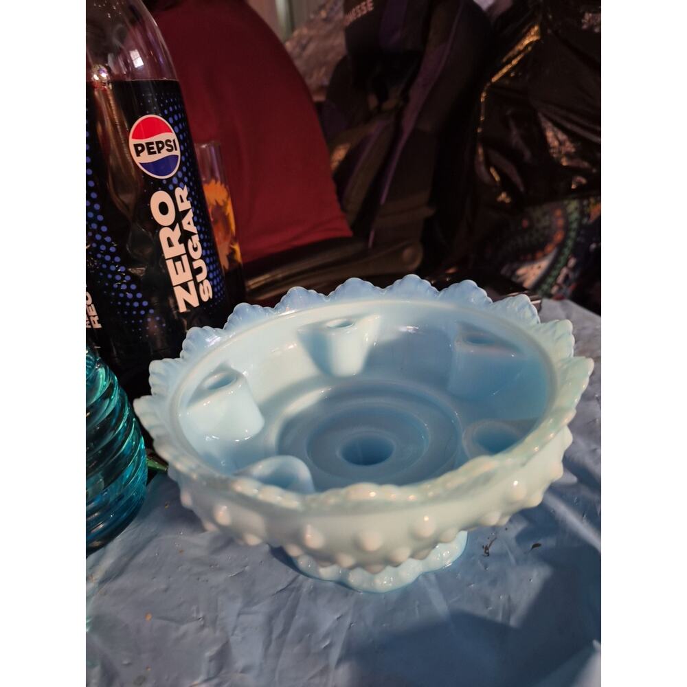 Vintage Fenton Light Blue hobnaill 6 Candle Holder And A Scalloped Edge